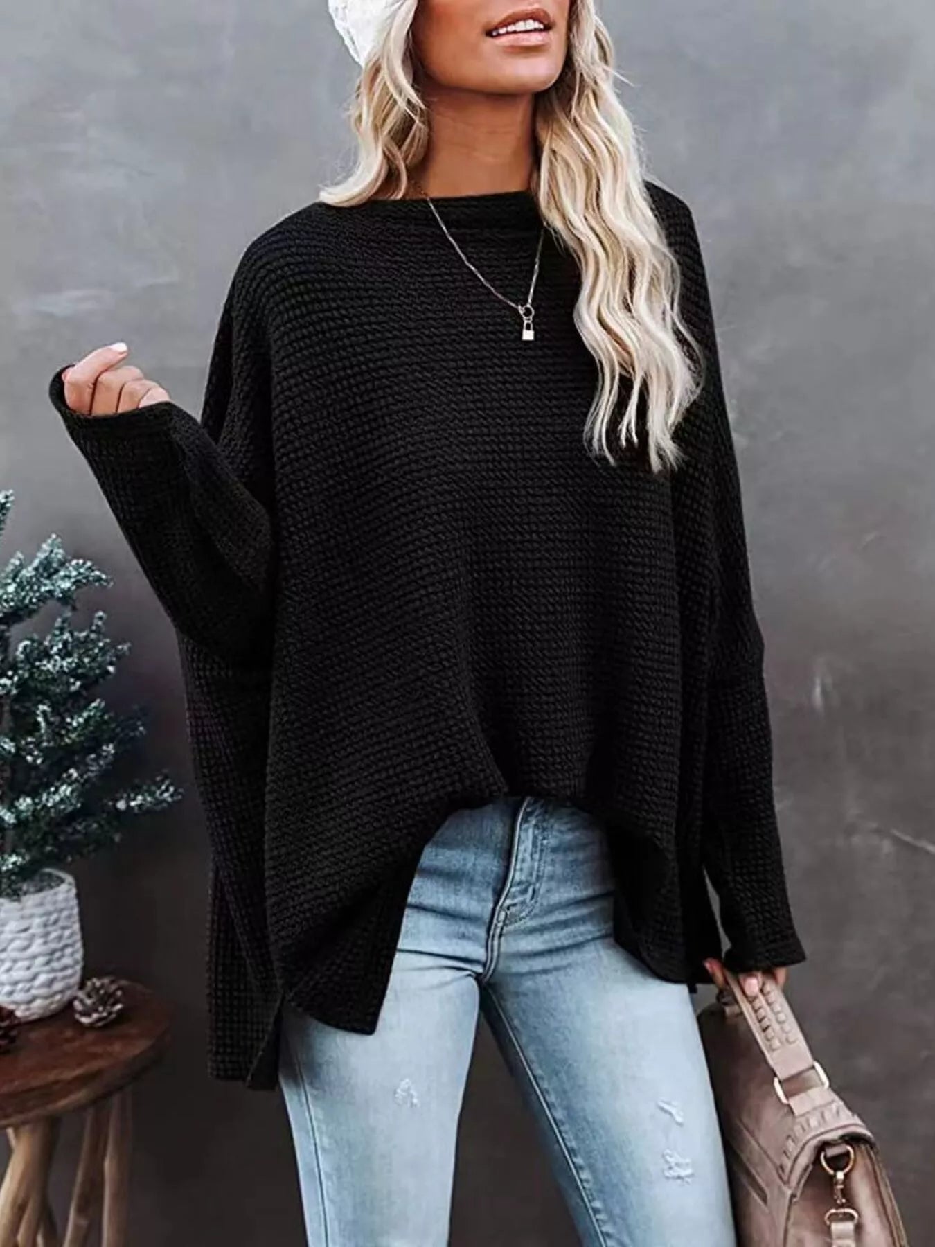 Trendsi Boat Neck Waffle Knit Top -