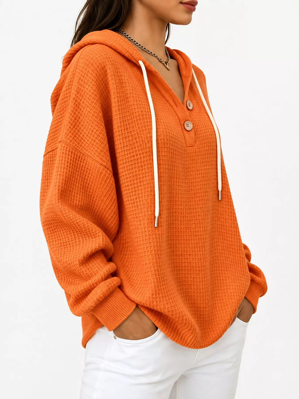 Waffle-knit hoodie, orange side