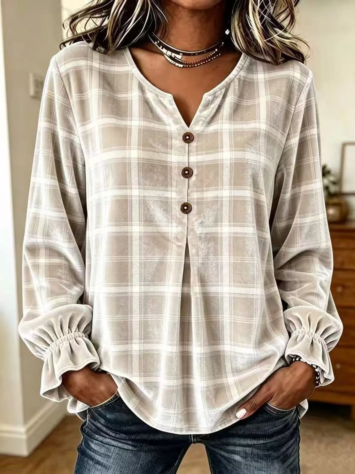 Taupe plaid velvet balloon-sleeve blouse, front view