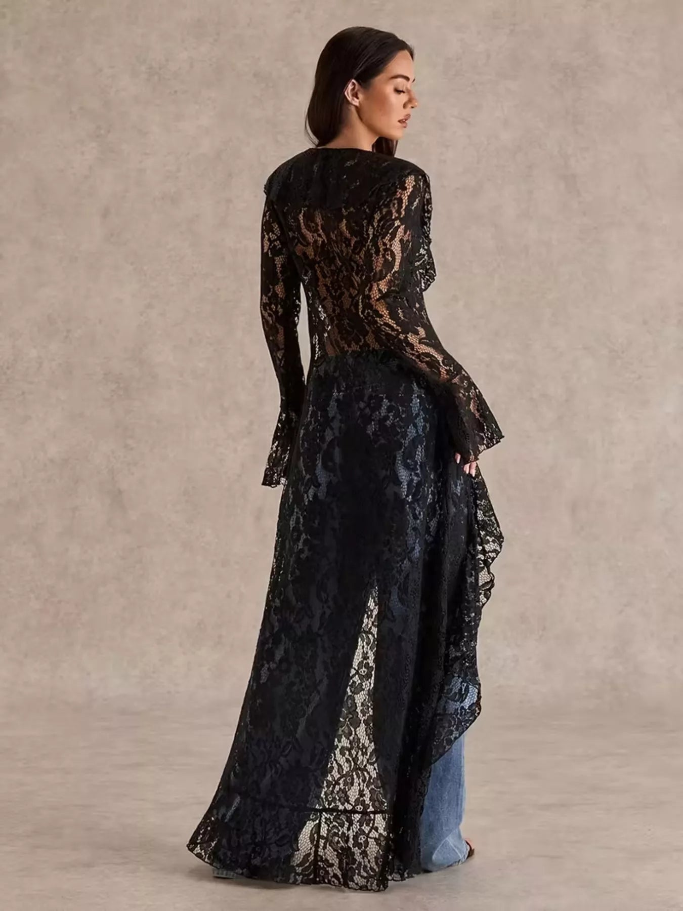Lace ruffle-trim high-low blouse