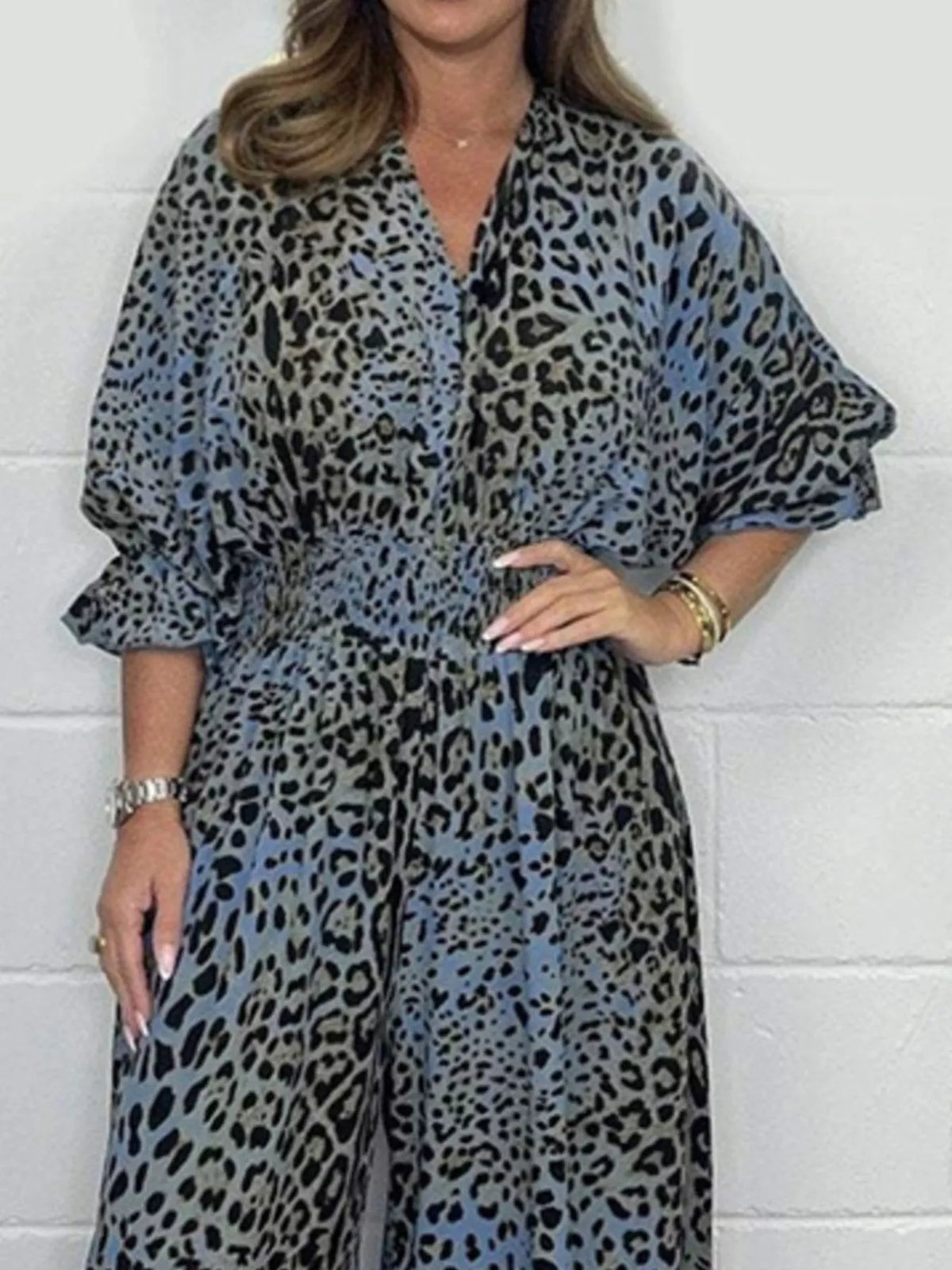 Blue leopard leopard print v-neck wide-leg jumpsuit — design and construction details