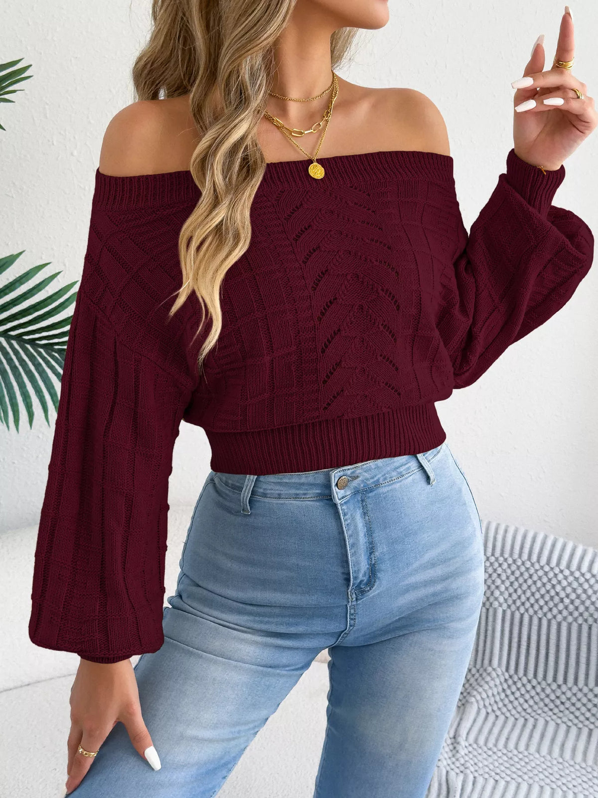 Burgundy off-shoulder openwork cropped sweater