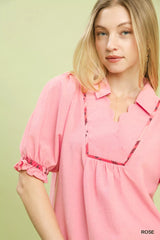 Trendsi Umgee Scalloped Trim Blouse with Puff Sleeves -