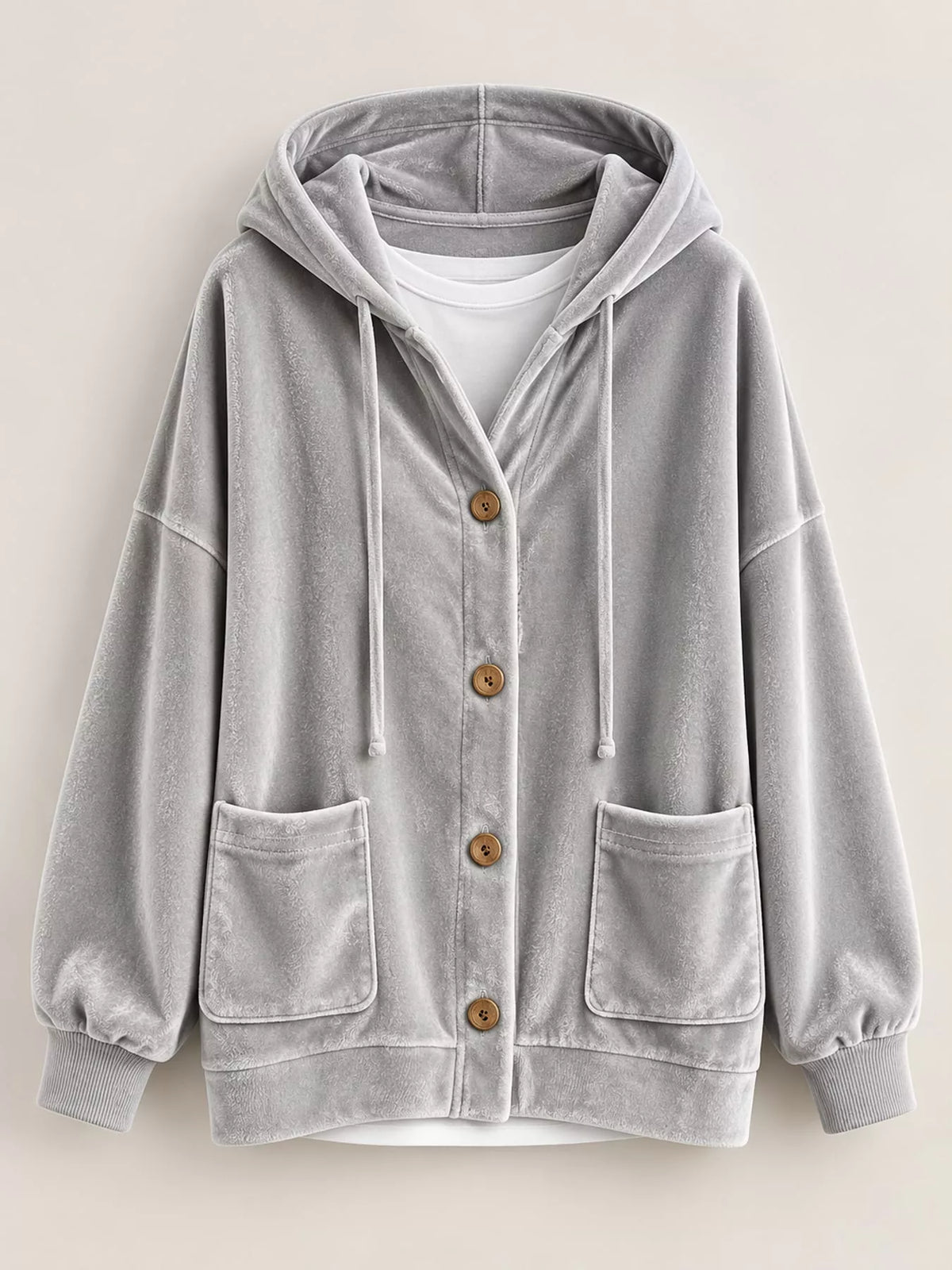 Gray velvet dropped shoulder hoodie, front view