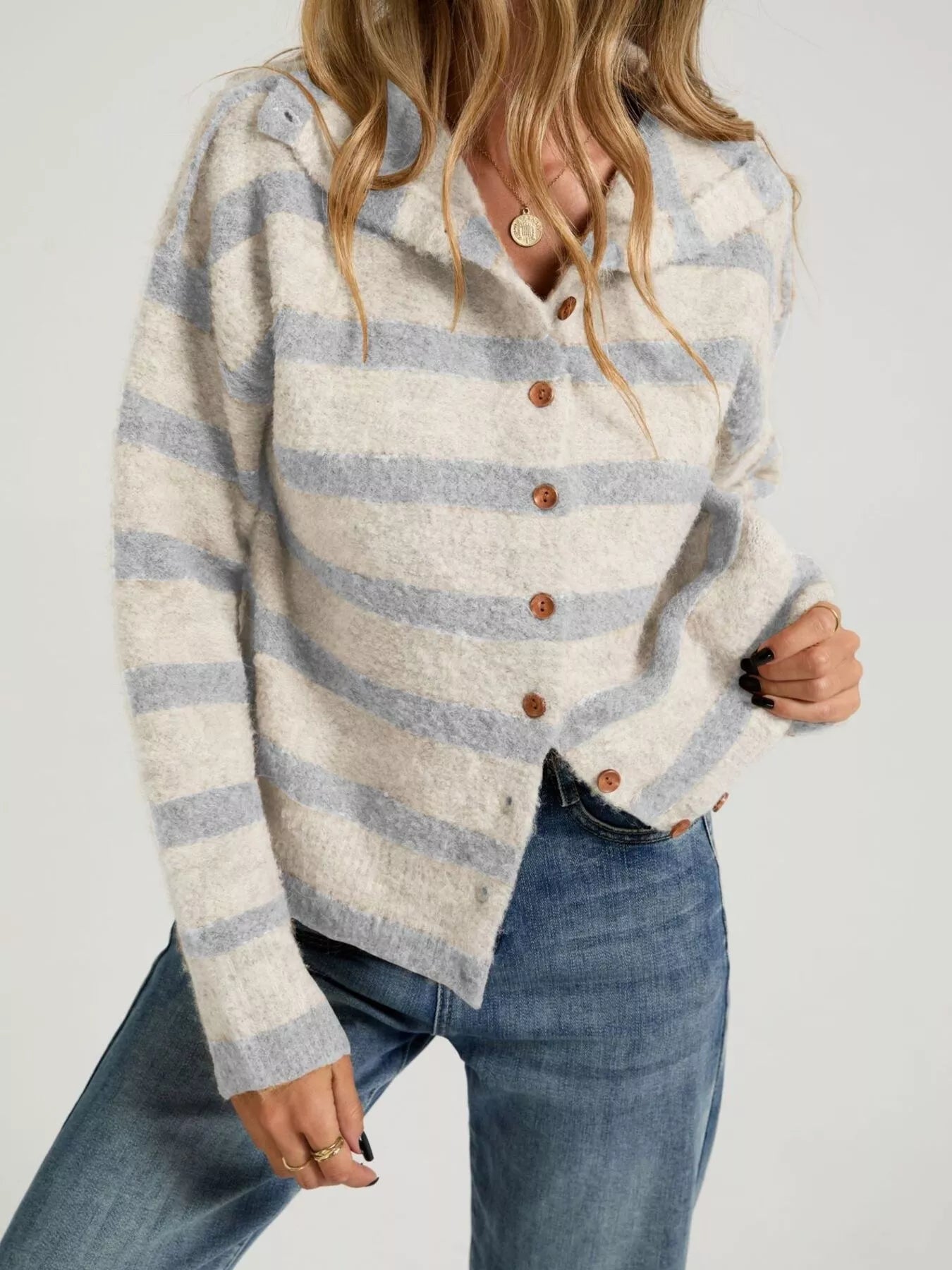 Trendsi Striped Fuzzy Knit Cardigan -