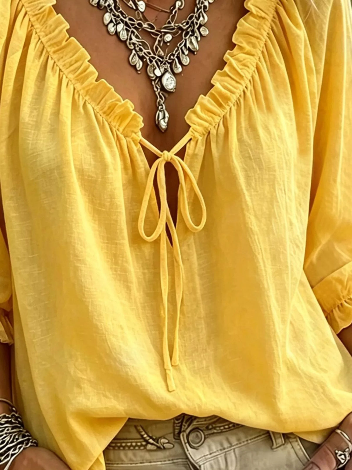 Trendsi Frill Tie Neck 3/4 Sleeve Blouse -