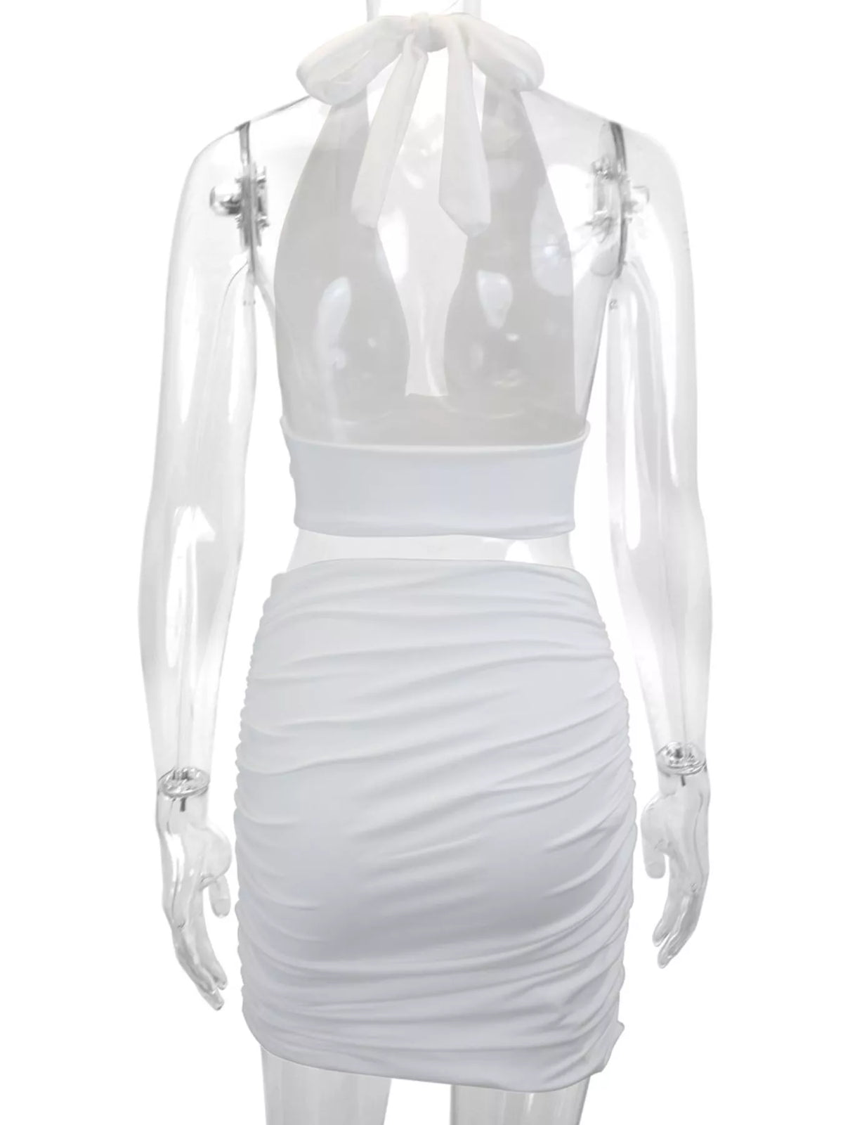 White halter crop top and ruched bodycon mini skirt set, back view