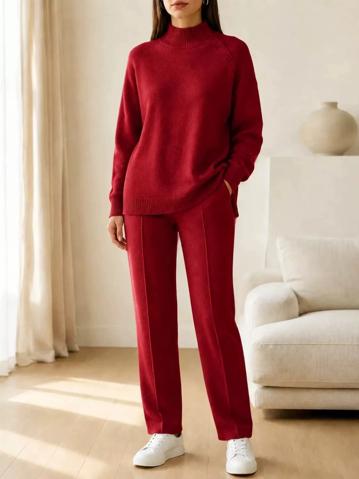 Red mock neck button-detail sweater and pants set — front view