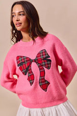 Trendsi SO ME Checker Plaid Ribbon Christmas Holiday Sweater -