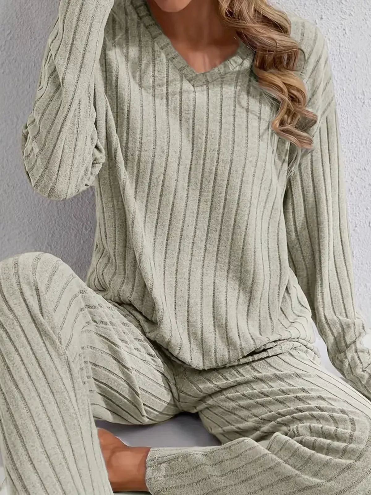 Ribbed Knit V-Neck Top and Pants Lounge Set, detail view in sage green