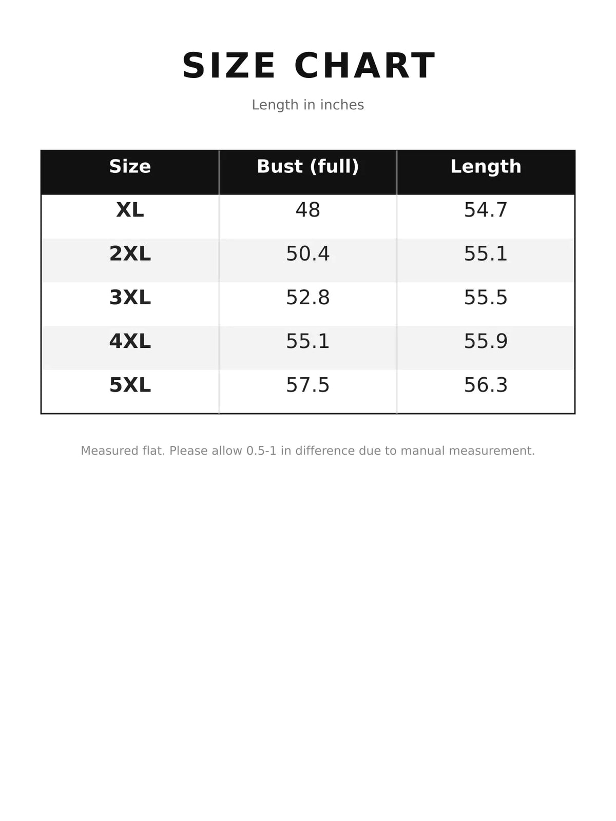 Size chart for longline button-down shirt