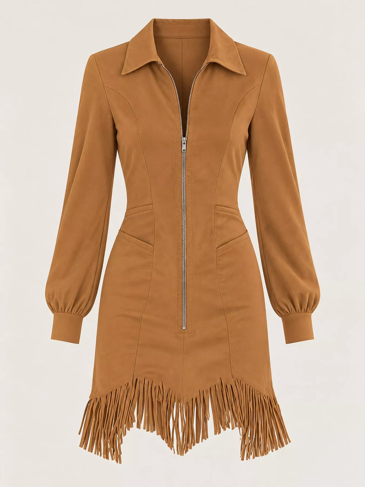 Camel zip front long sleeve fringe mini dress, front view
