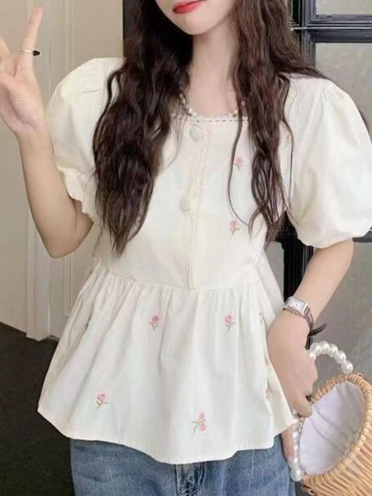 Cream floral embroidered puff sleeve peplum blouse