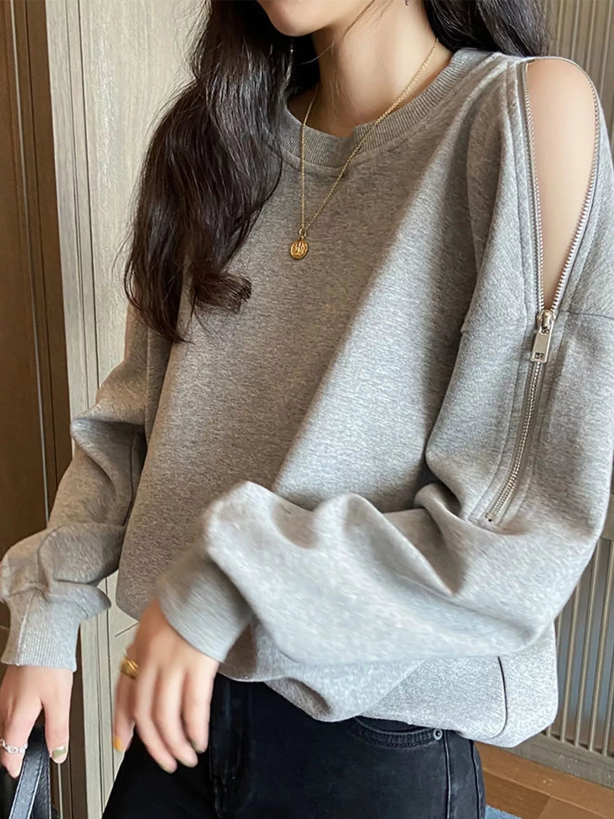 Women's Cold-Shoulder Zipper Detail Sweatshirt in gray — front view