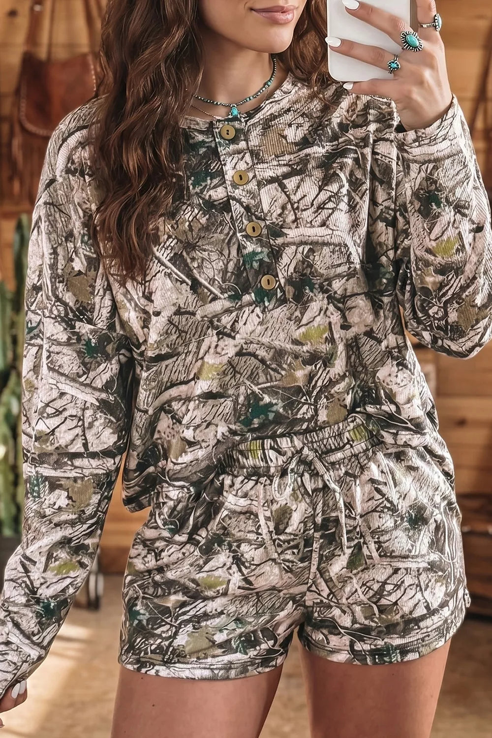 Women's camo long sleeve top and elastic-waist shorts two-piece set