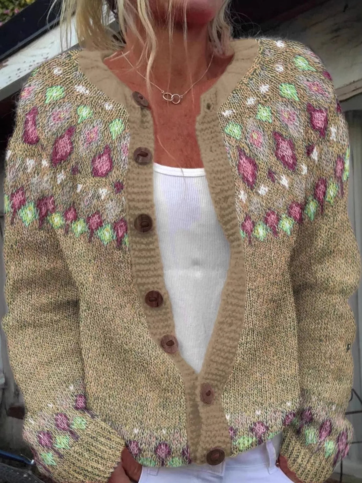 Khaki-8722 patterned button-front knit cardigan