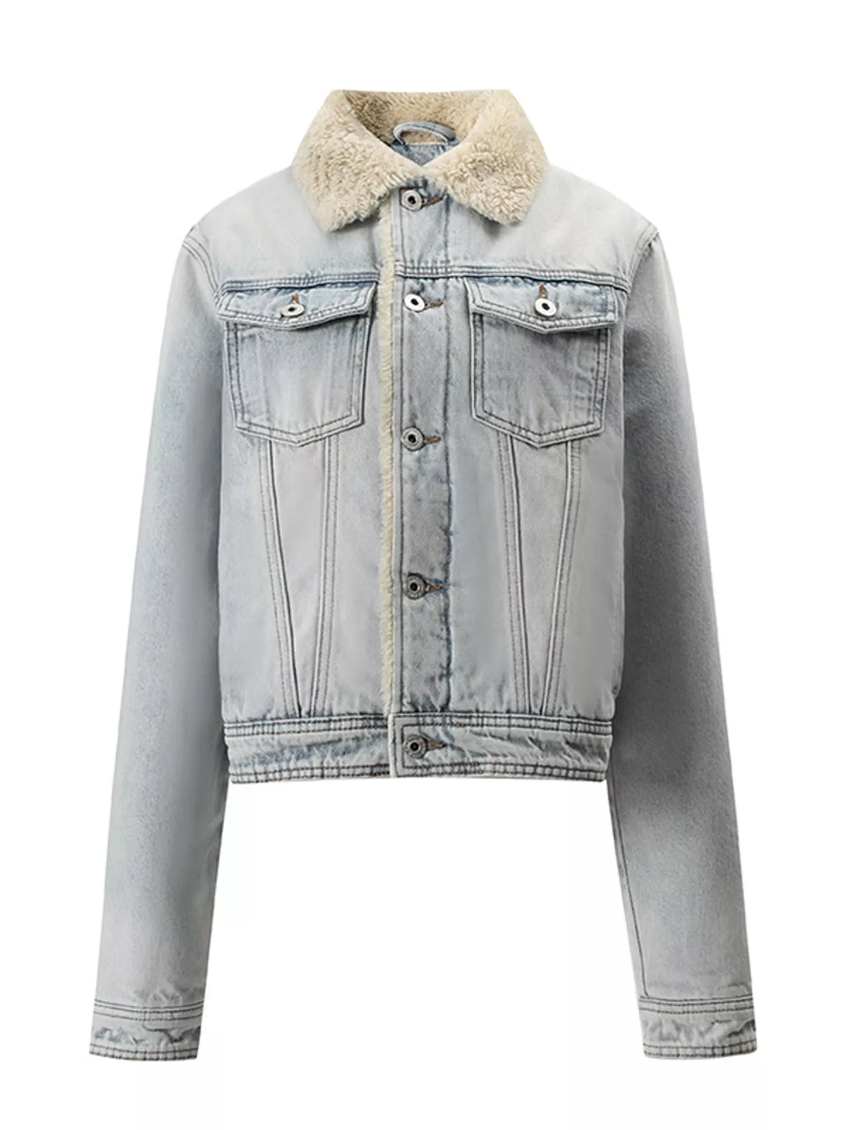 Women's Sherpa-Lined Denim Jacket in light blue — flat lay view