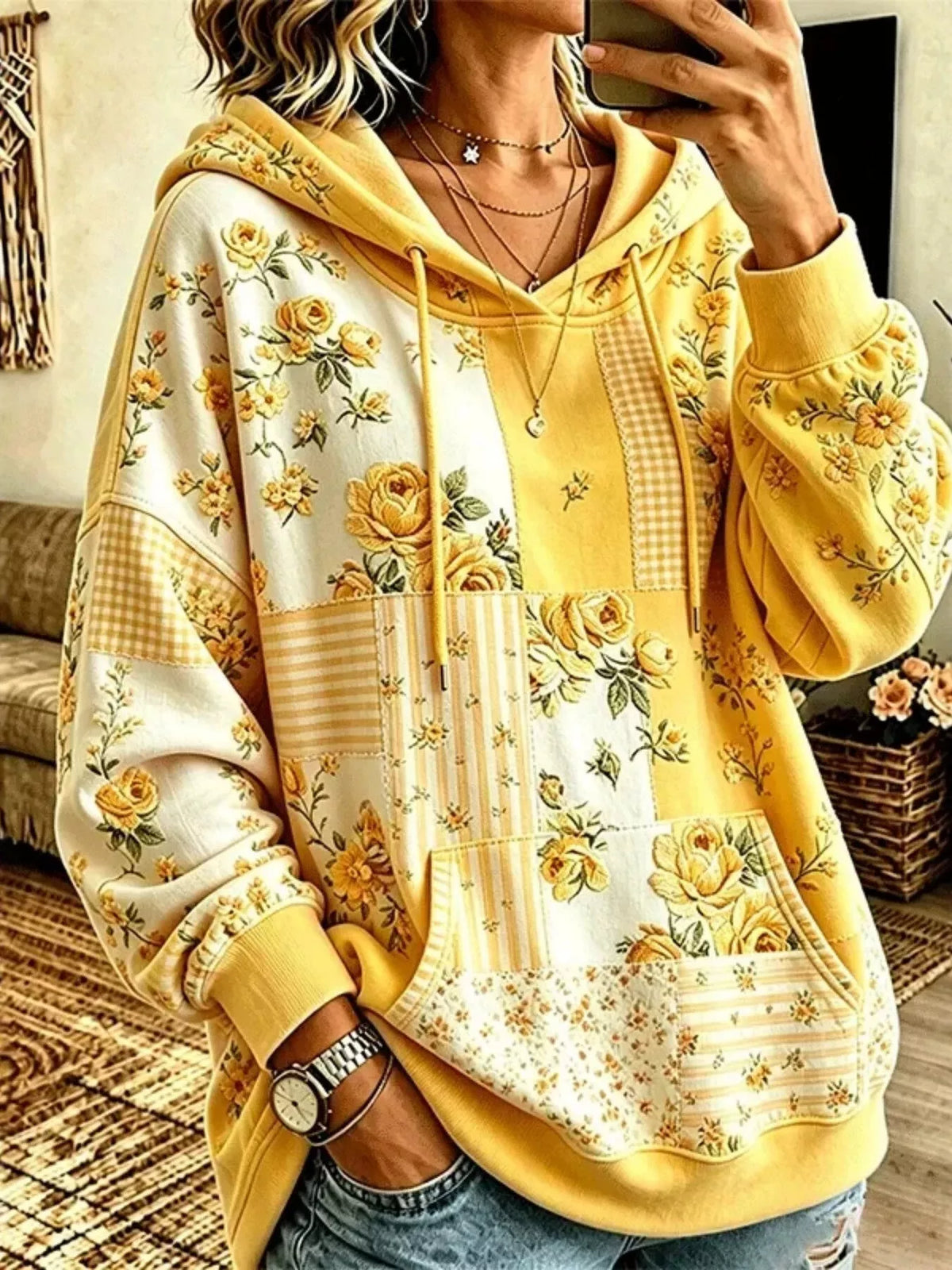 Yellow floral drawstring dropped-shoulder hoodie, front view.