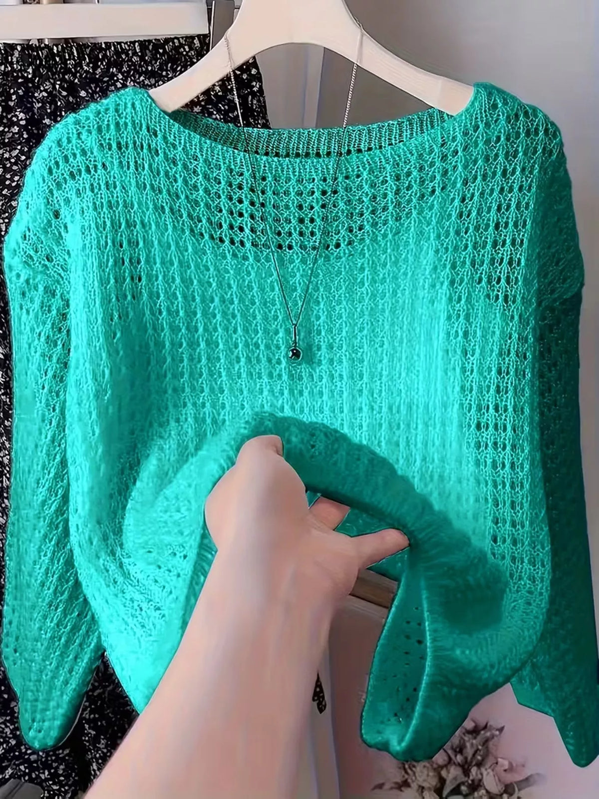 Green openwork knit cover-up top
