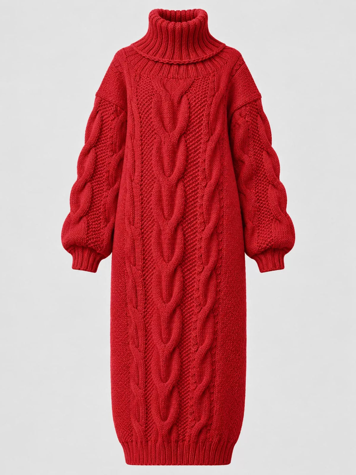 Red oversized cable knit turtleneck sweater dress, back view