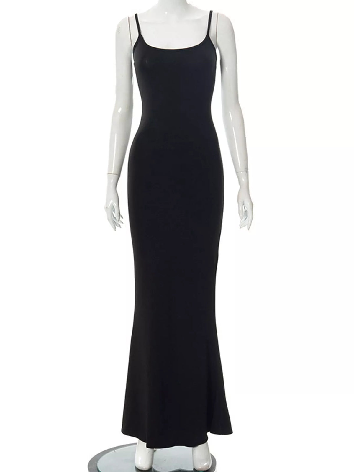 Black bodycon spaghetti strap maxi dress, front view
