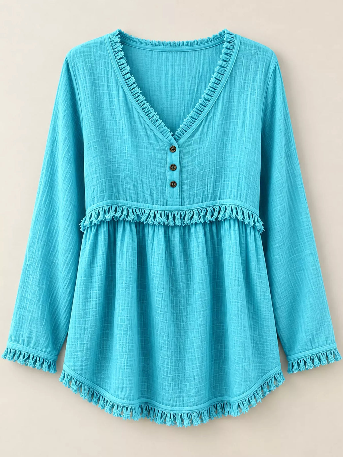 Fringe-trim blouse, turquoise hanging front