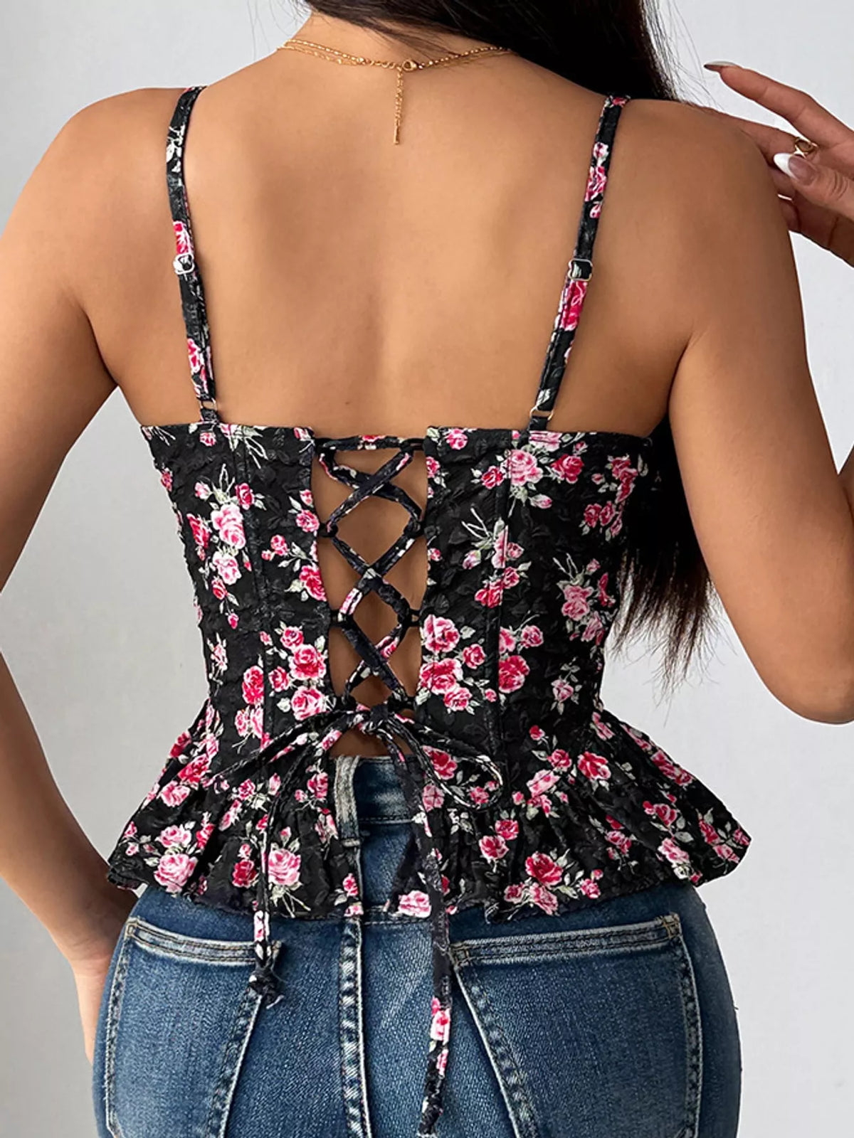 Black lace up back floral print cami, back view