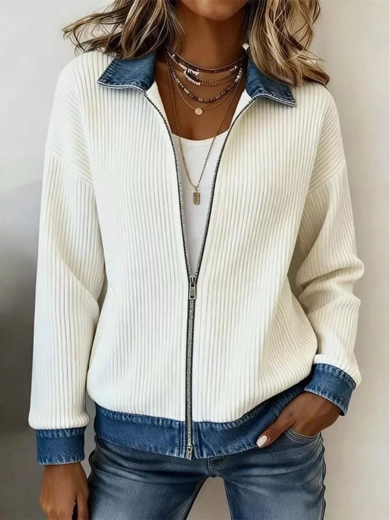 Trendsi Contrast Denim Collar Ribbed Knit Jacket - Outerwear