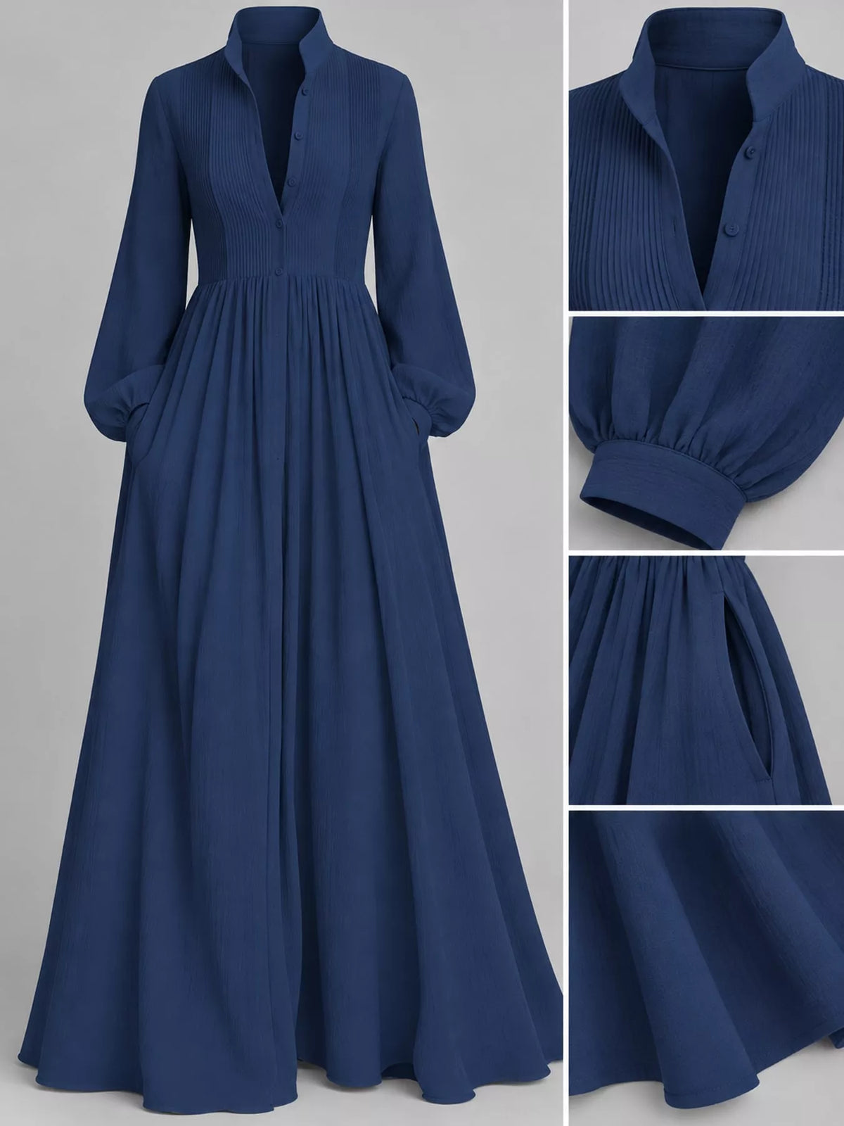 Blue long sleeve button-front maxi dress, collar waist cuff and hem details