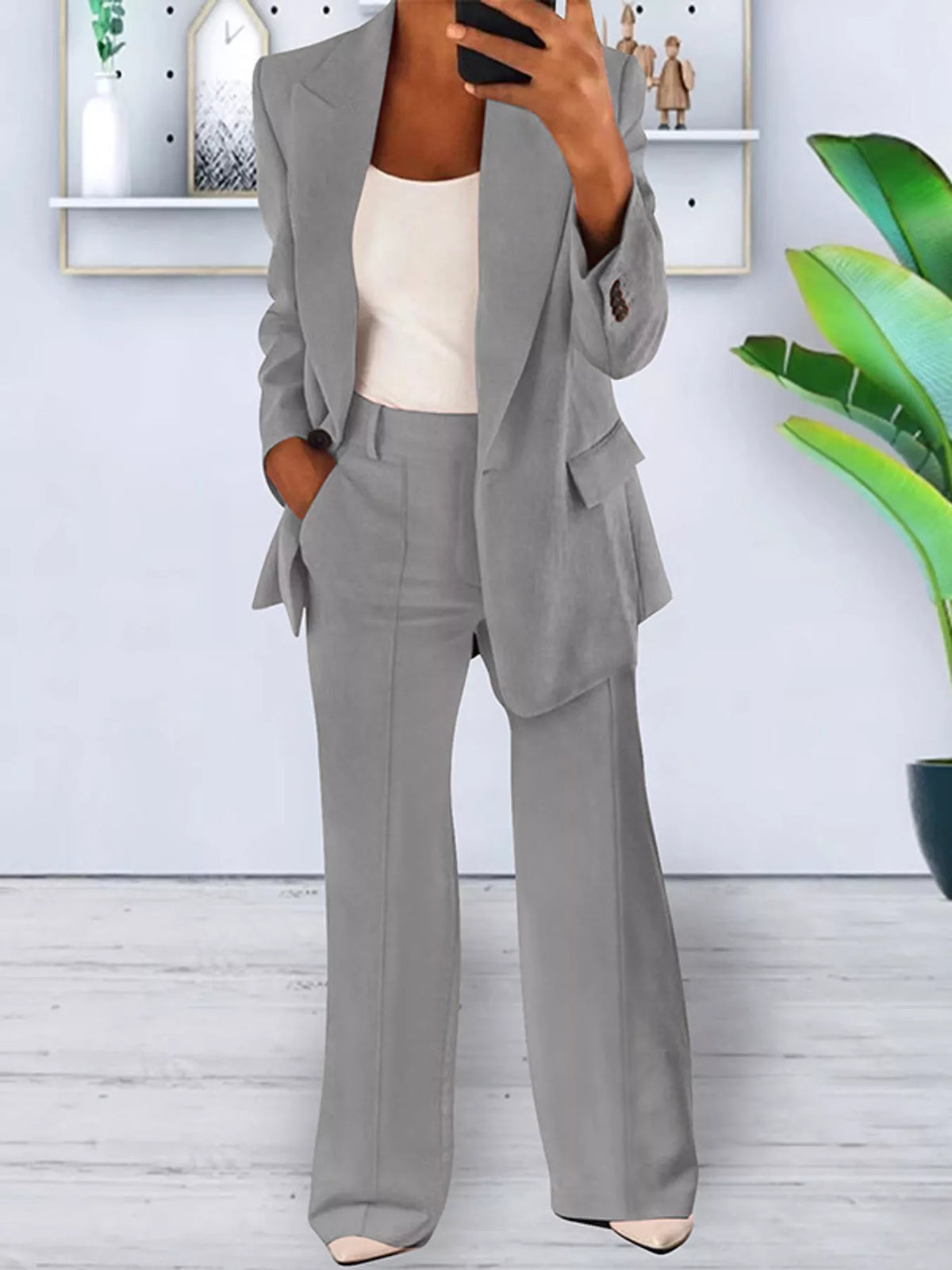 Collared long sleeve outfit set, front view on model