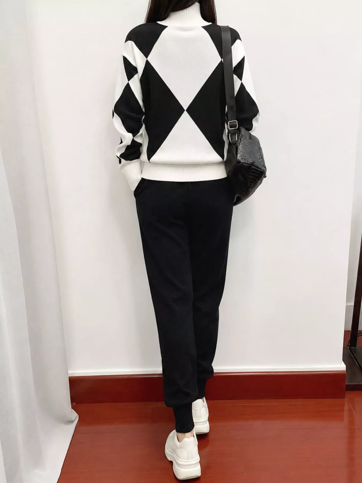 Argyle Pattern Mock Neck Sweater and Jogger Set — front view