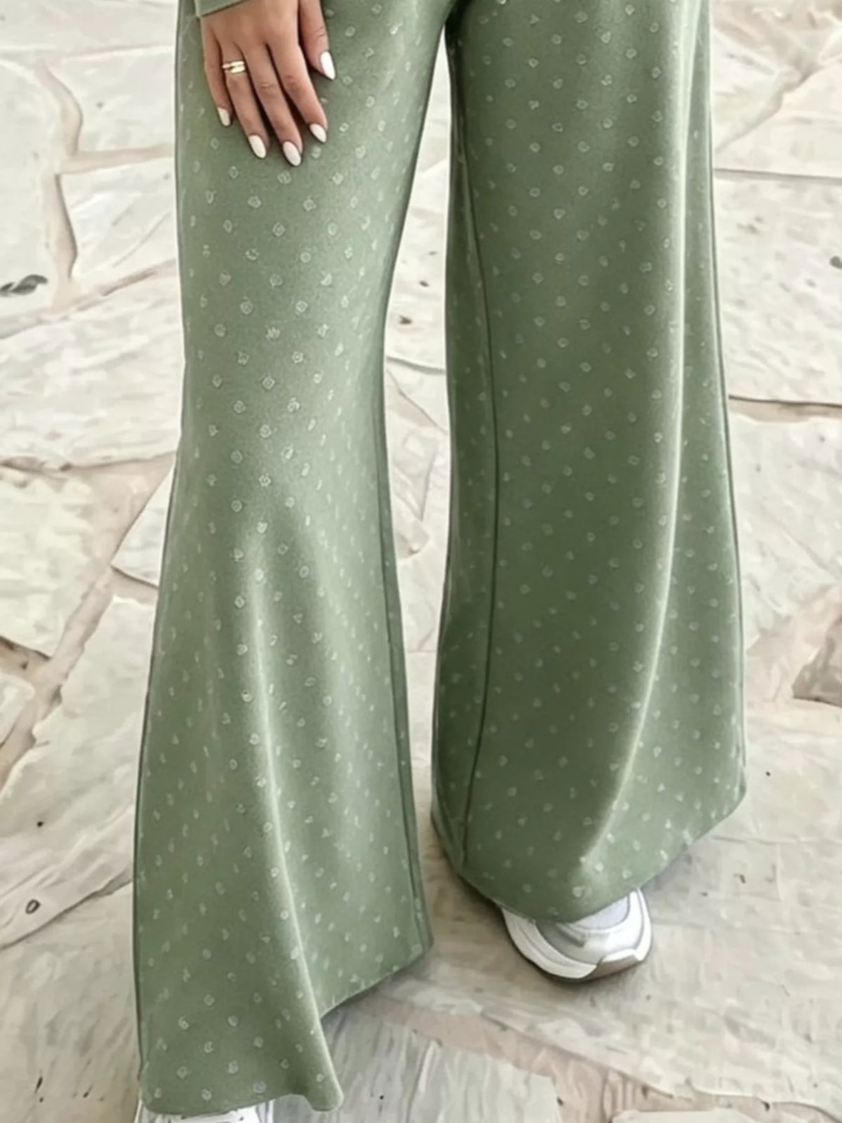 Light green swiss dot crop top and wide-leg pants set — design and construction details