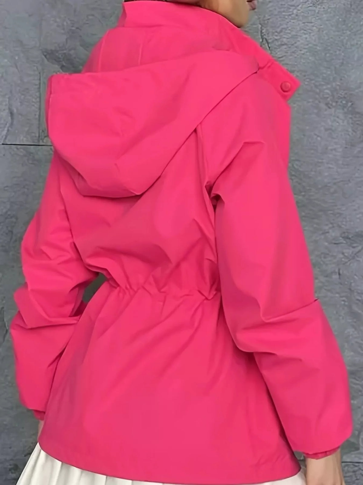 Hot Pink hooded drawstring waist windbreaker jacket, back view