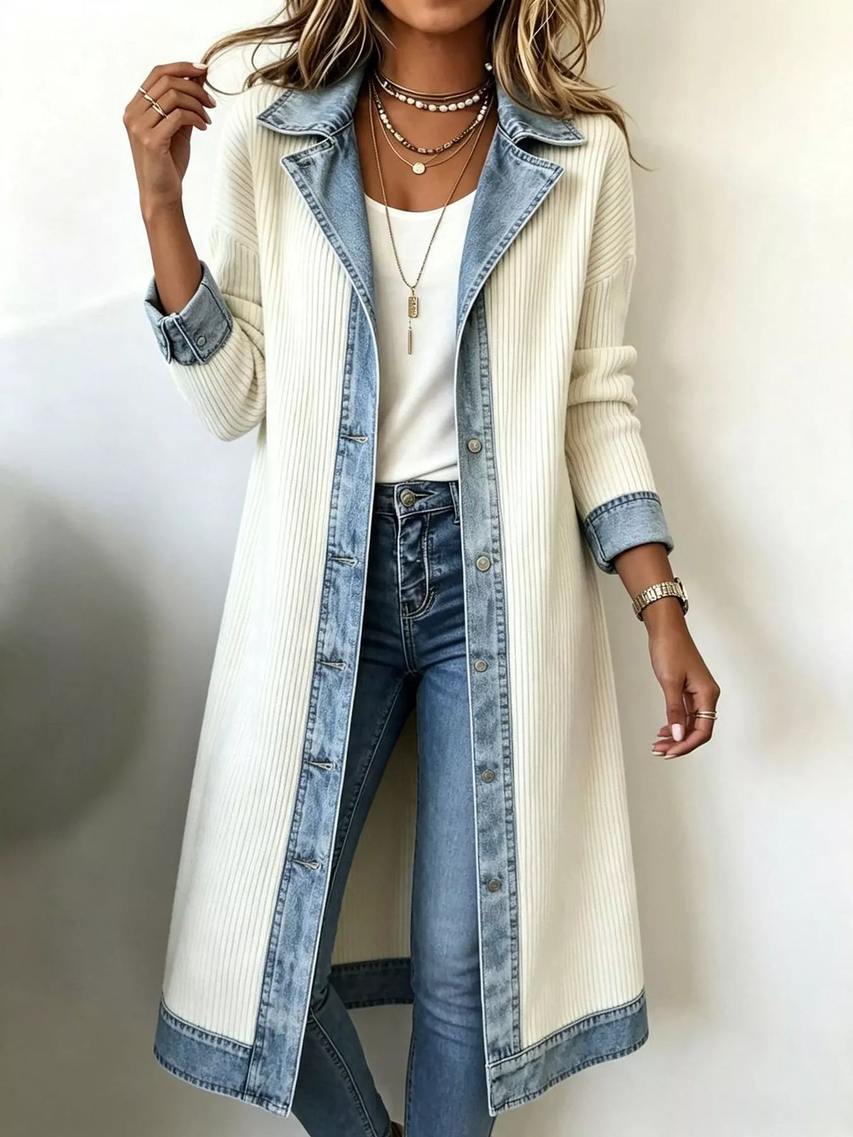 Cream and blue denim-trimmed ribbed knit longline cardigan