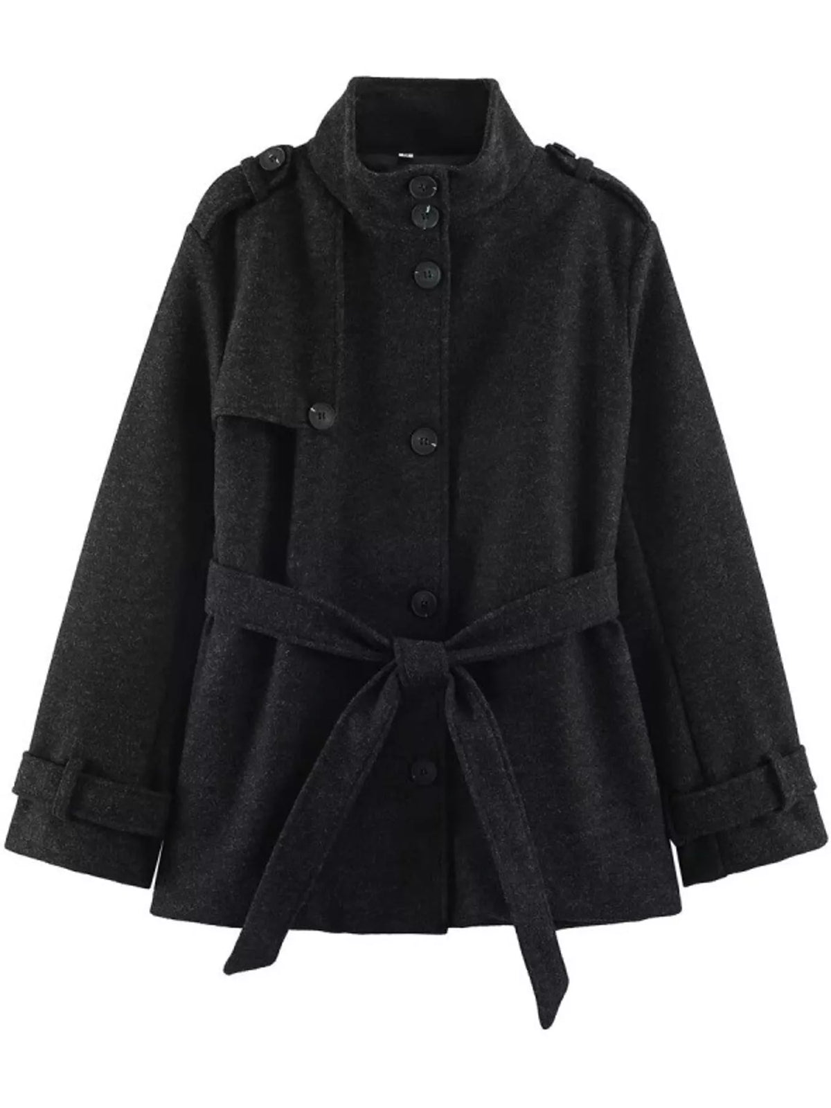 Stand-Collar Belted Button-Down Jacket — garment front