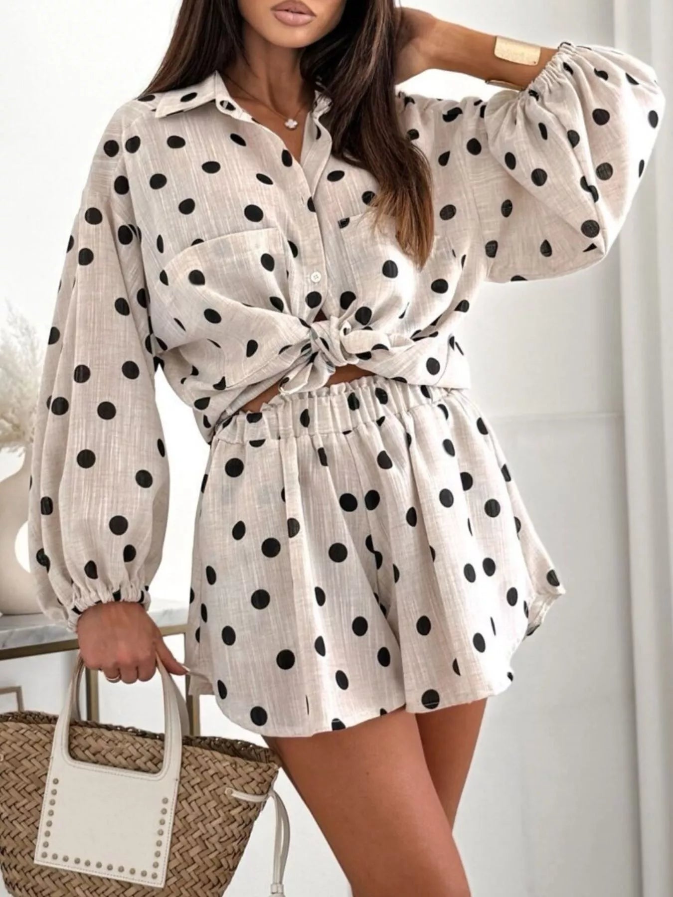 Trendsi Long Sleeve Shirt and High-Waisted Shorts Set -