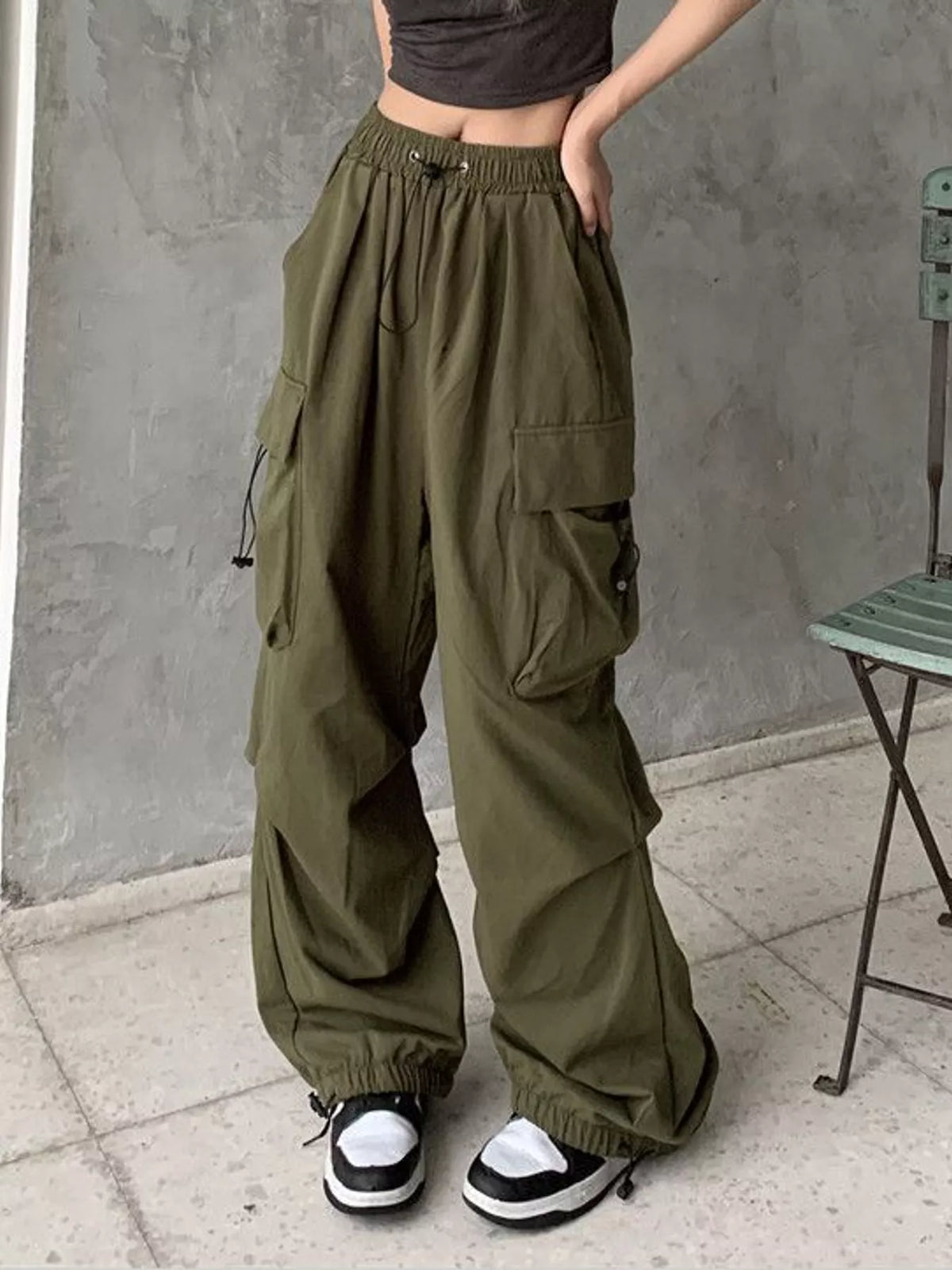 Drawstring Wide-Leg Cargo Pants — front view