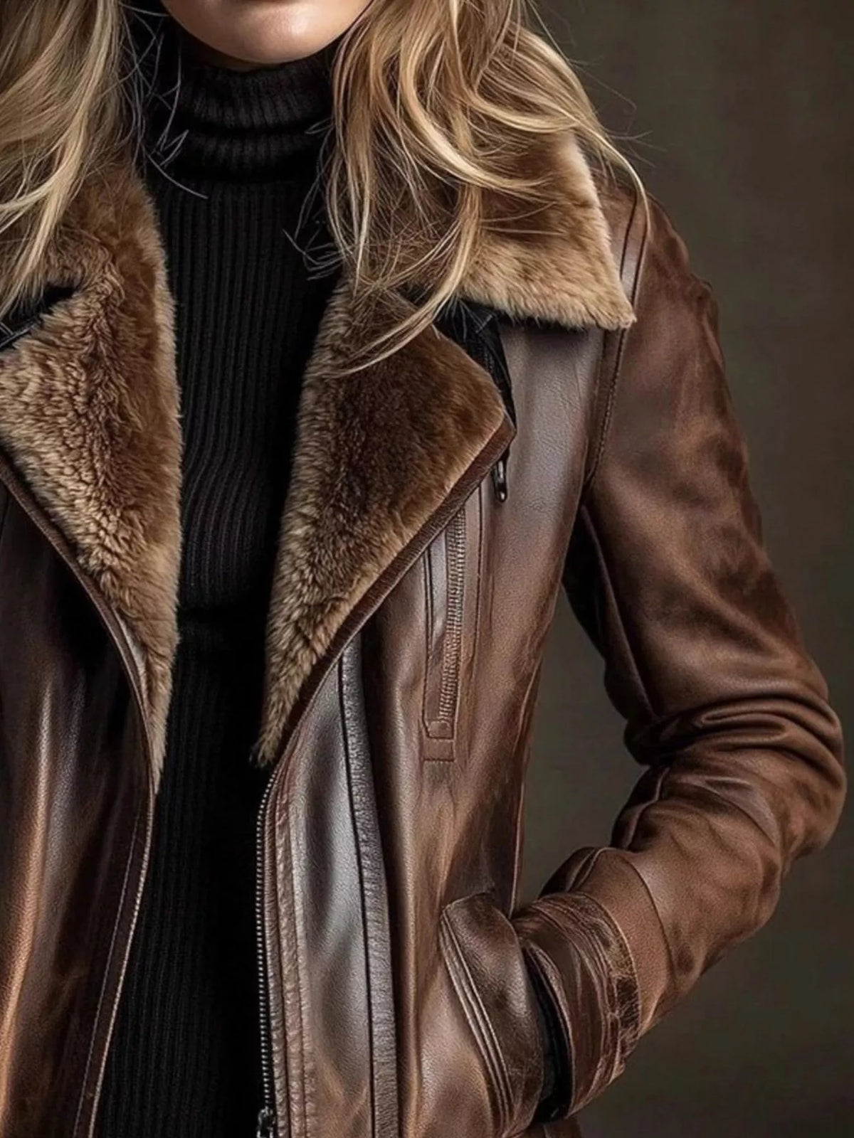 Brown vintage zip-up faux leather jacket