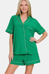 Trendsi Zenana Button Down Short Sleeve Top and Shorts Lounge Set -