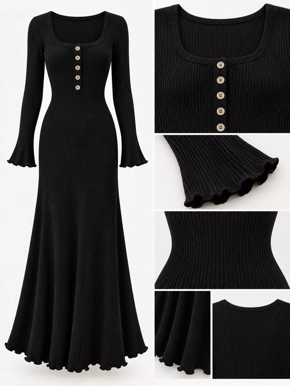 Ribbed maxi dress, black detail collage