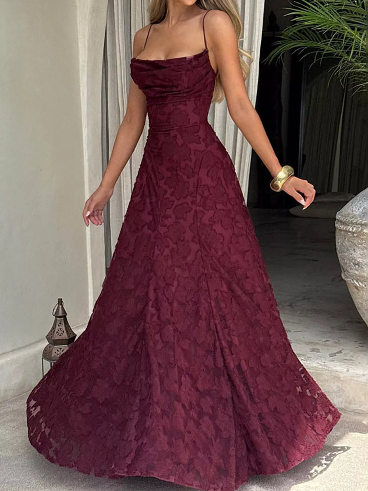 Cowl neck spaghetti-strap maxi dress, front view on model