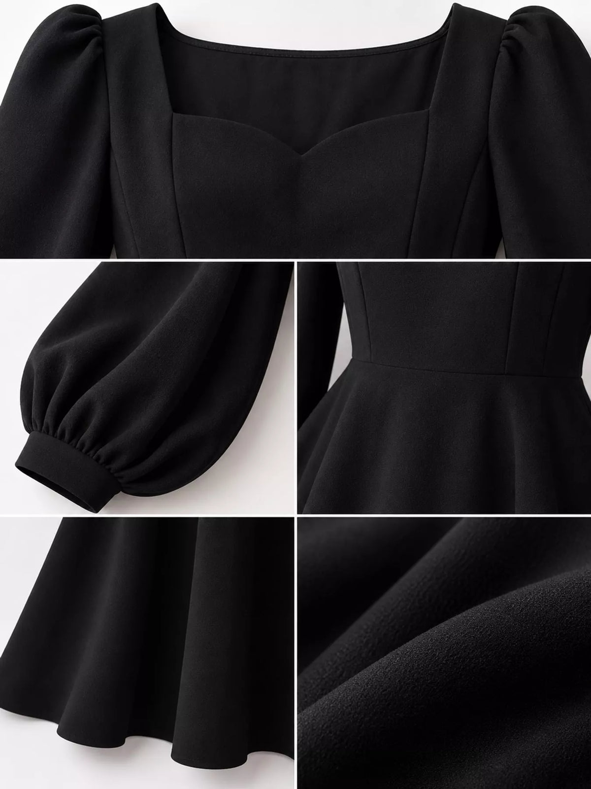 Black long sleeve a line midi dress, detail view