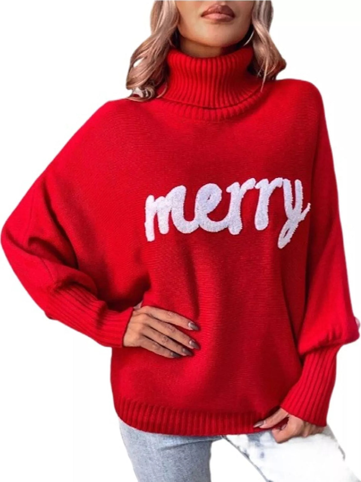 Red lettering turtleneck sweater