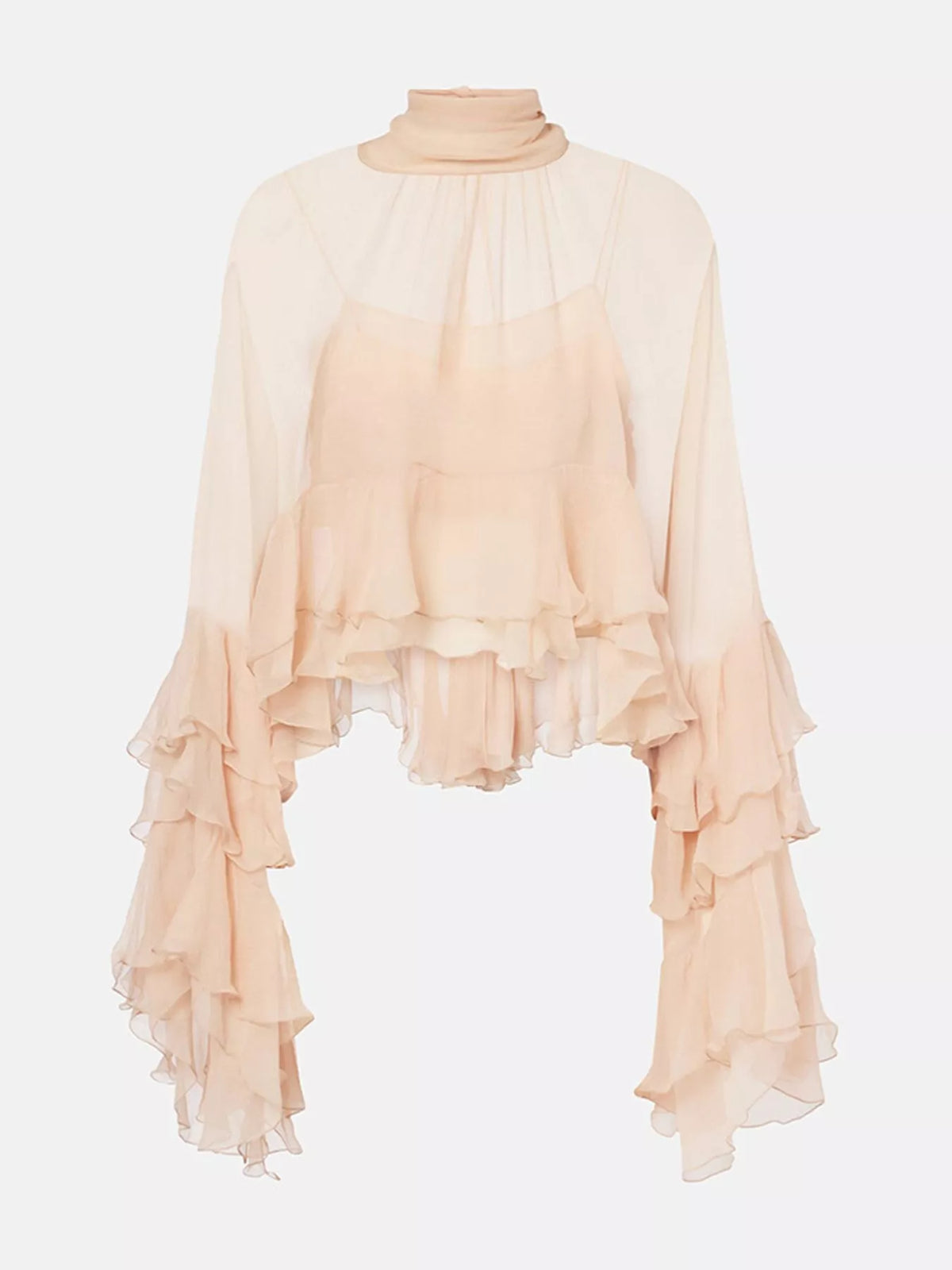 Nude Pink ruffled turtleneck long sleeve blouse