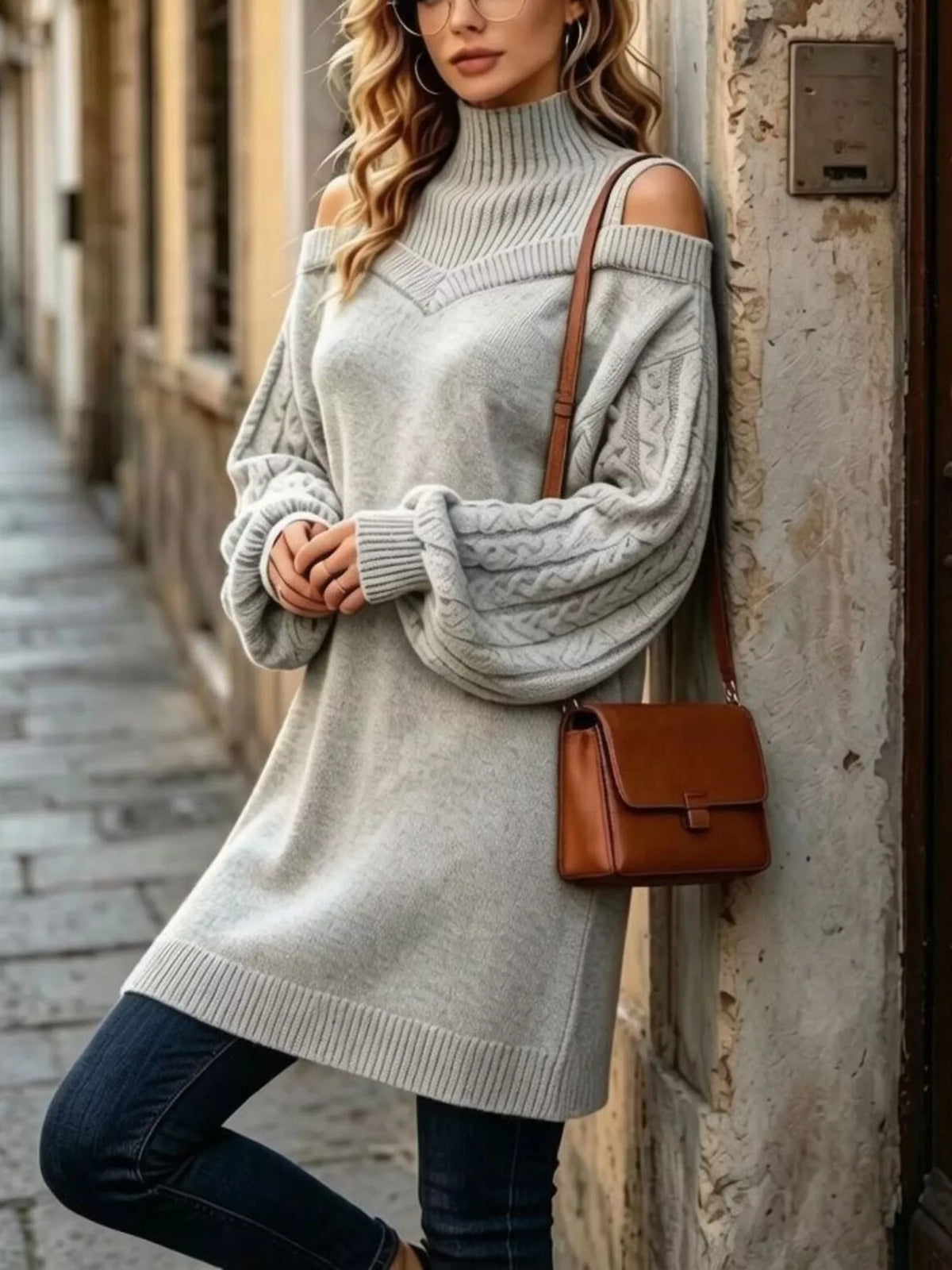 Gray cold-shoulder cable knit turtleneck sweater, front view