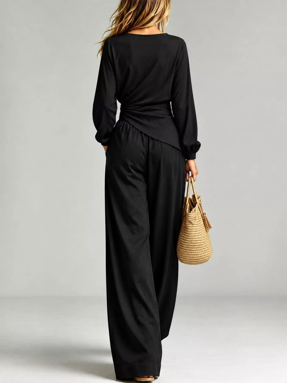 V-Neck Long Sleeve Top and Wide-Leg Pants Set — back view