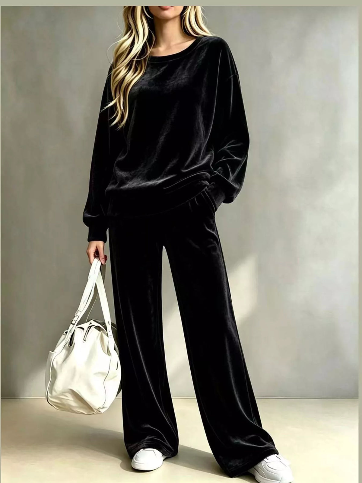Velour Long Sleeve Top and Wide-Leg Pants Set — front view