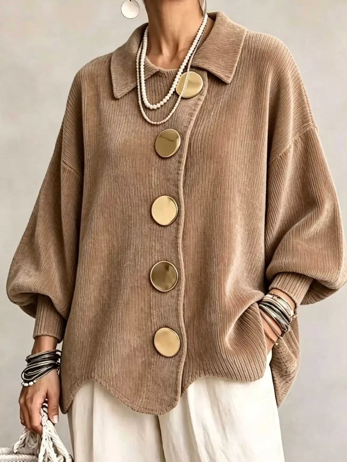 Women's Ribbed Knit Gold Buttons Cardigan in beige — front view