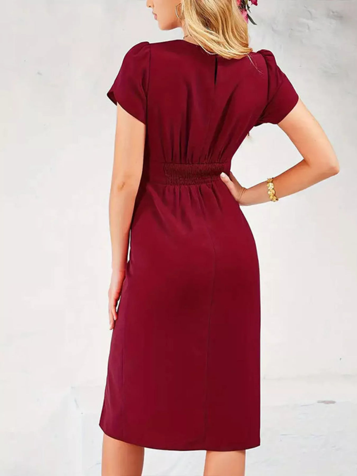 Burgundy slit round neck midi dress, back view