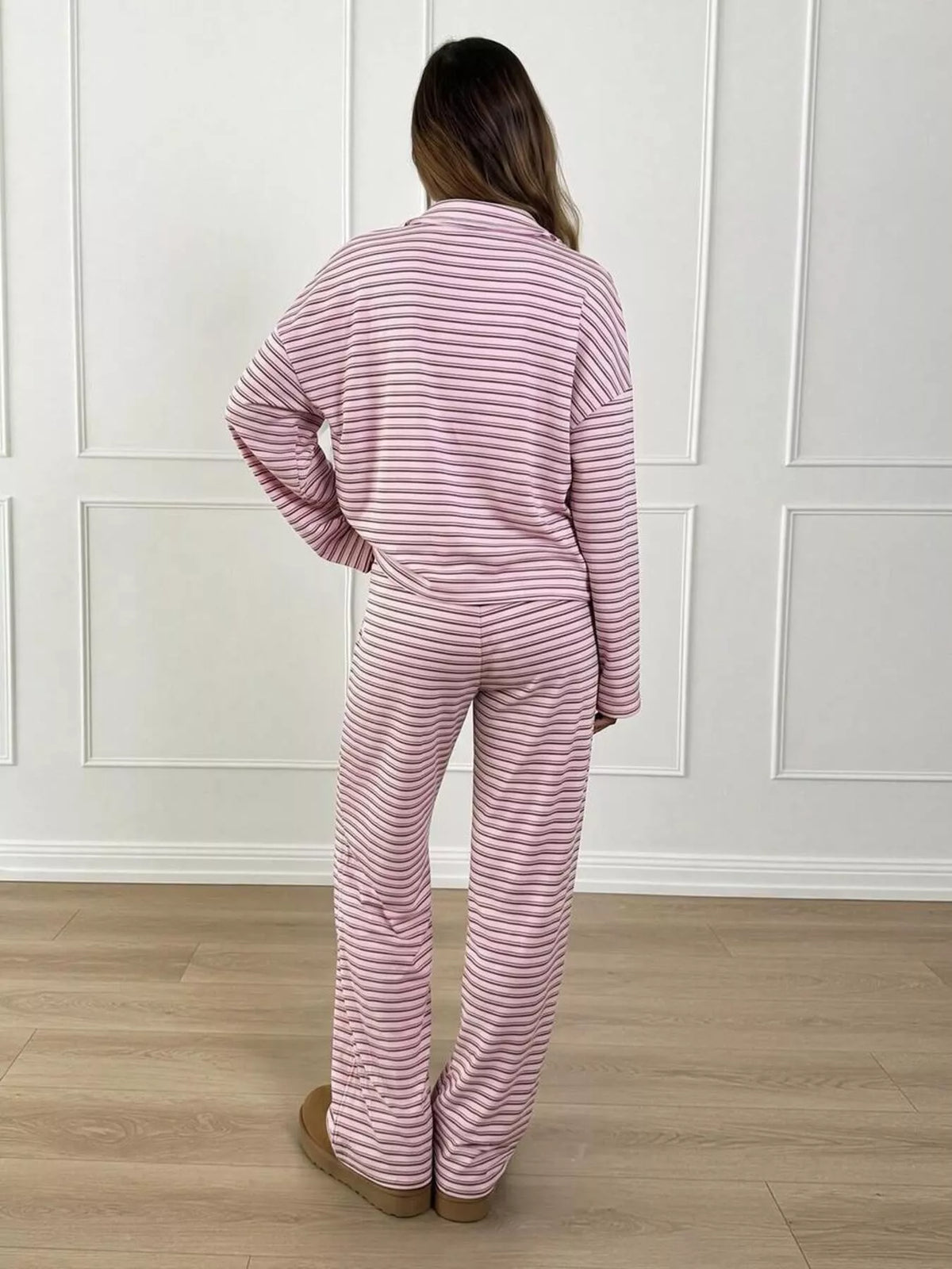 Striped Polo Top and Wide-Leg Pants Set, back view